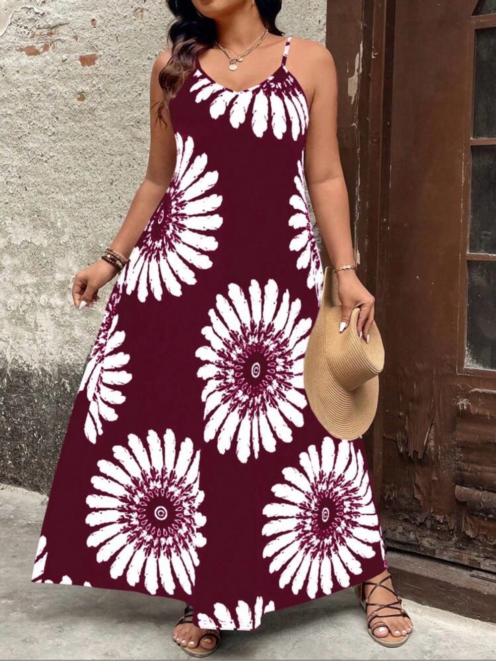SHEIN Burgundy Maxi Dress with White Daisy Medallion Print